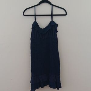 Idem Ditto Smocked Ruffle Navy Blue Sleeveless Dress #3425